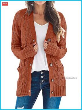 Cable Knit Long Sleeve Button Down Cardigan Sweater with Pockets